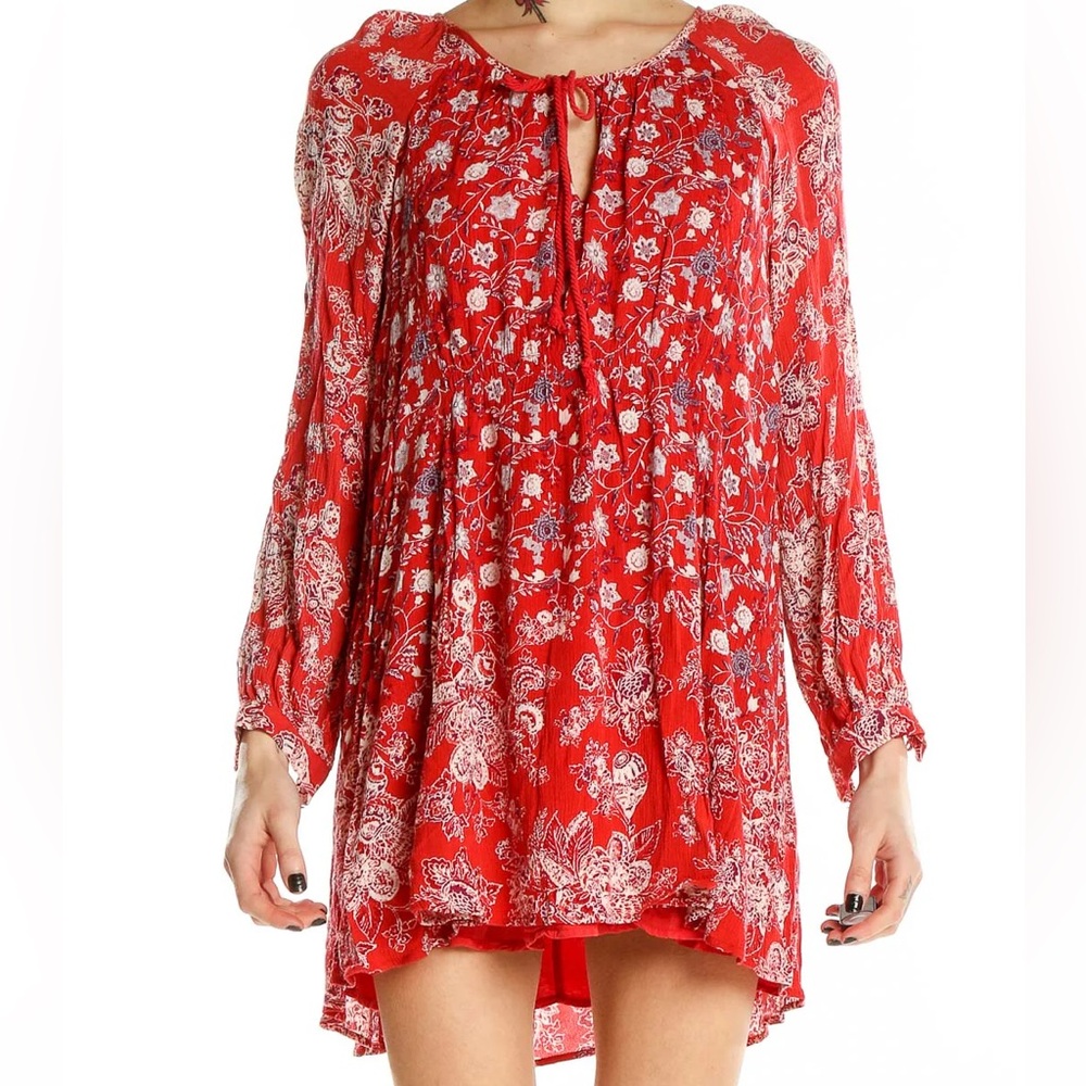 Free People Red and White Floral V-Neck Dress